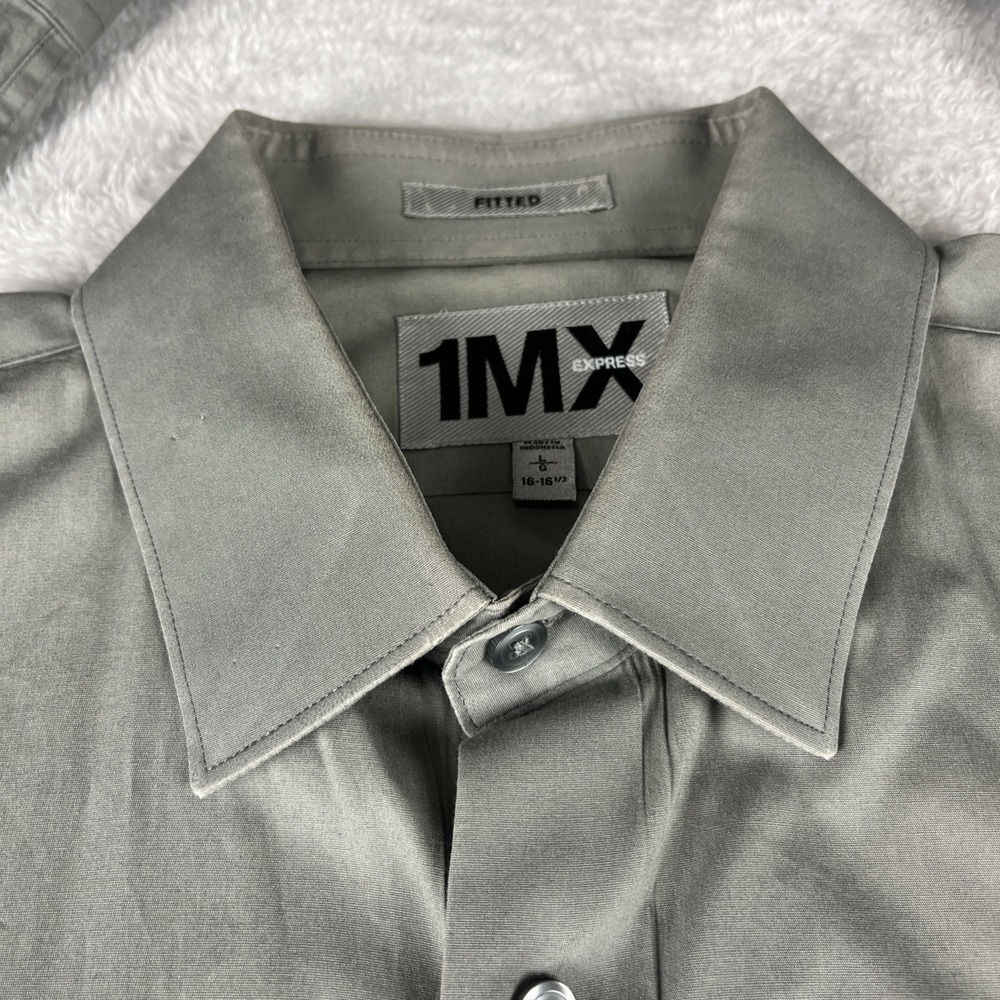 Express 1MX Button Down Shirt Mens L Gray Fitted 15- 15 1/2 Long Sleeve Cotton